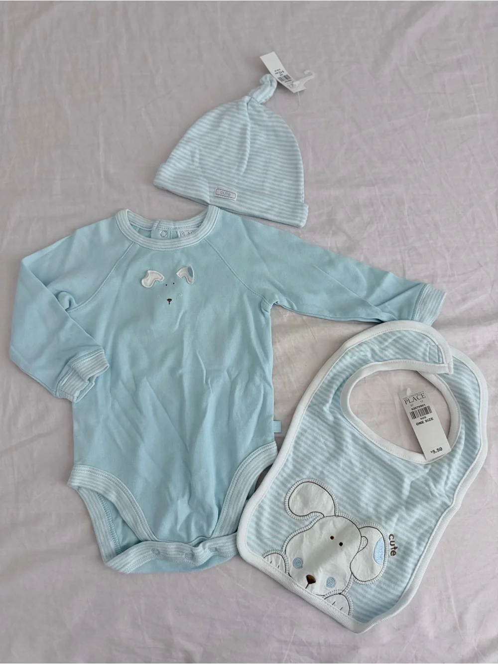 The Children's Place Baby Blue 3-Piece Matching Set - Hat, Onesie & Bib